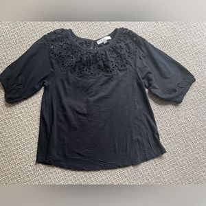 Loft Cotton T-shirt with Eyelet Yoke, Black, Size XS